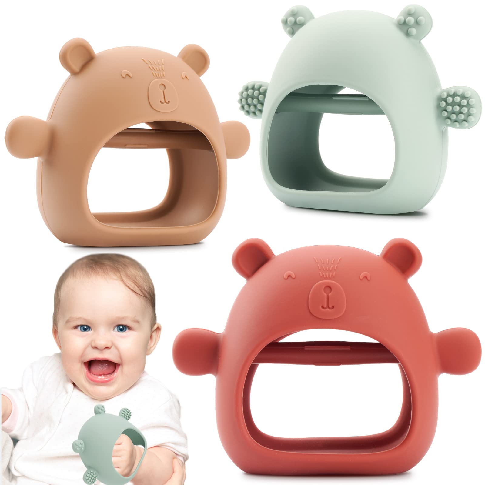 Baby Teething Toys, AEOLZ Anti-Drop Silicone Bear Teether Mitten for Babies Over 3 Months, Wrist Hand Teethers Baby Chew Toys for Sucking Needs, BPA-Free, 3 Pack