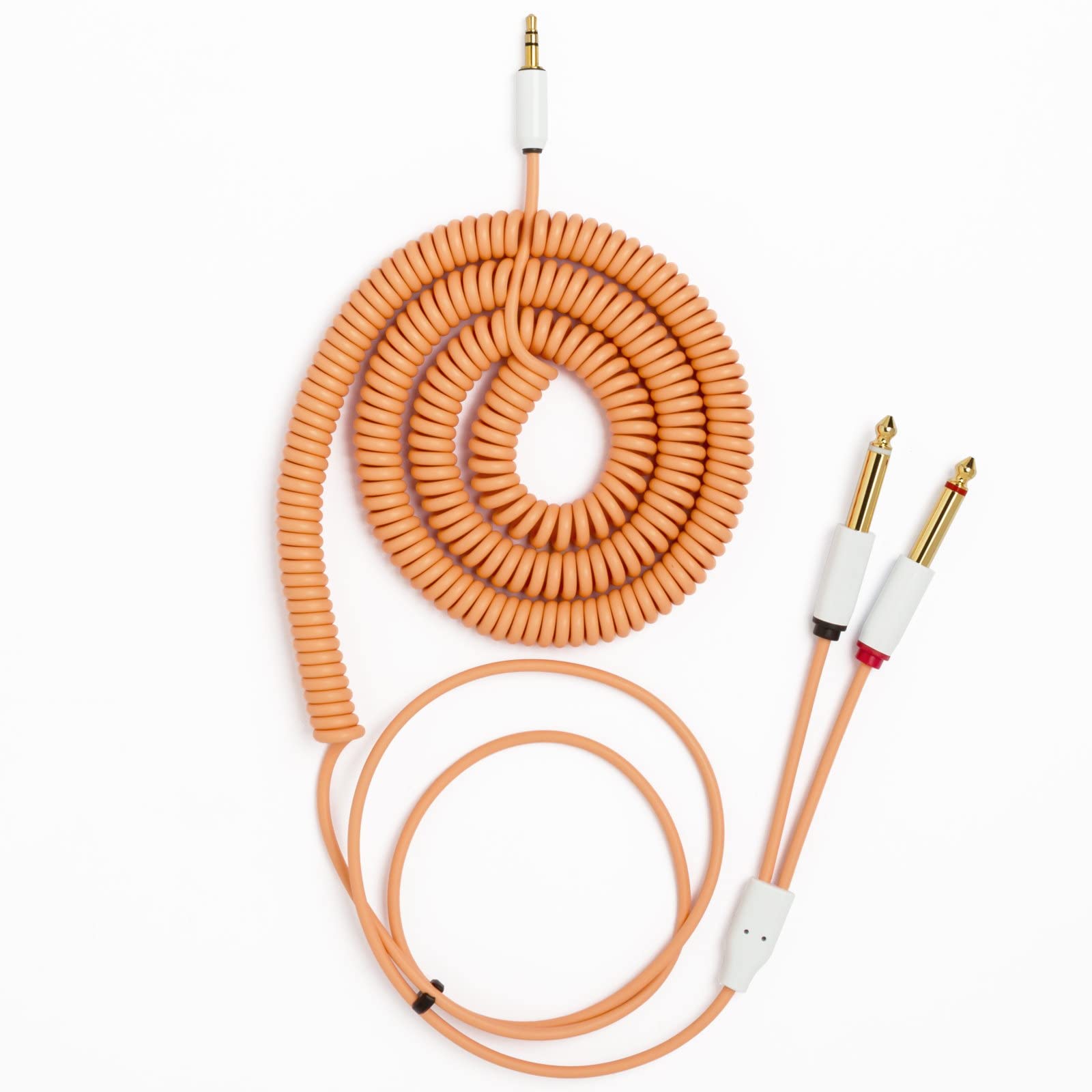 MyVolts Candycord Audio Cable, Straight Mini Jack to 2 x Straight Large Jack, Curly 155cm to 300cm, Sunset Peach Colour