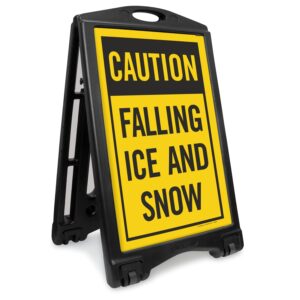 smartsign "caution falling ice and snow" a-frame sidewalk sign kit, 36" x 24", built-in-wheels, double-sided portable plastic sandwich board, set of 1 foldable black a-frame + 2 sign panels, usa-made