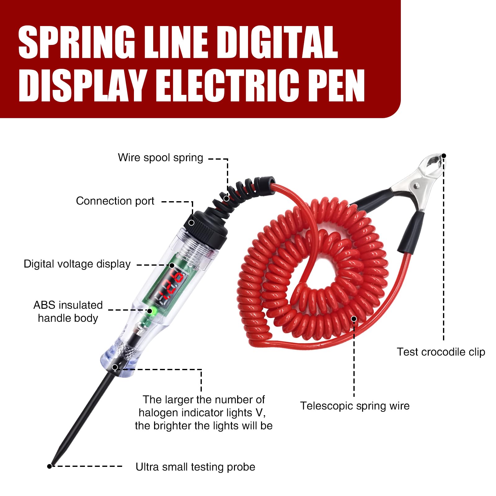 Yonput 1 PC Automotive Test Light Digital LED Circuit Tester, DC 6V-12V-24V Electric Tester Light Tool with Portable Extended Spring Wire, Electric Test Pen Car Bidirectional Voltage Tester (Red)