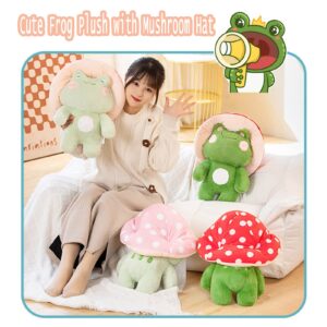 Frog Plush Toys, 17" Cute Frog with Red Mushroom Hat Stuffed Animals, Kawaii Plushies Gift for Kids Girls Adults Valentines Birthdays Gift（Light Green Pink hat, 17inch）