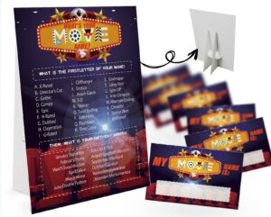 what's your movie name game (1 movie theme sign and 30 name tag stickers), movie game party decoration, birthday game for kids, family game-11