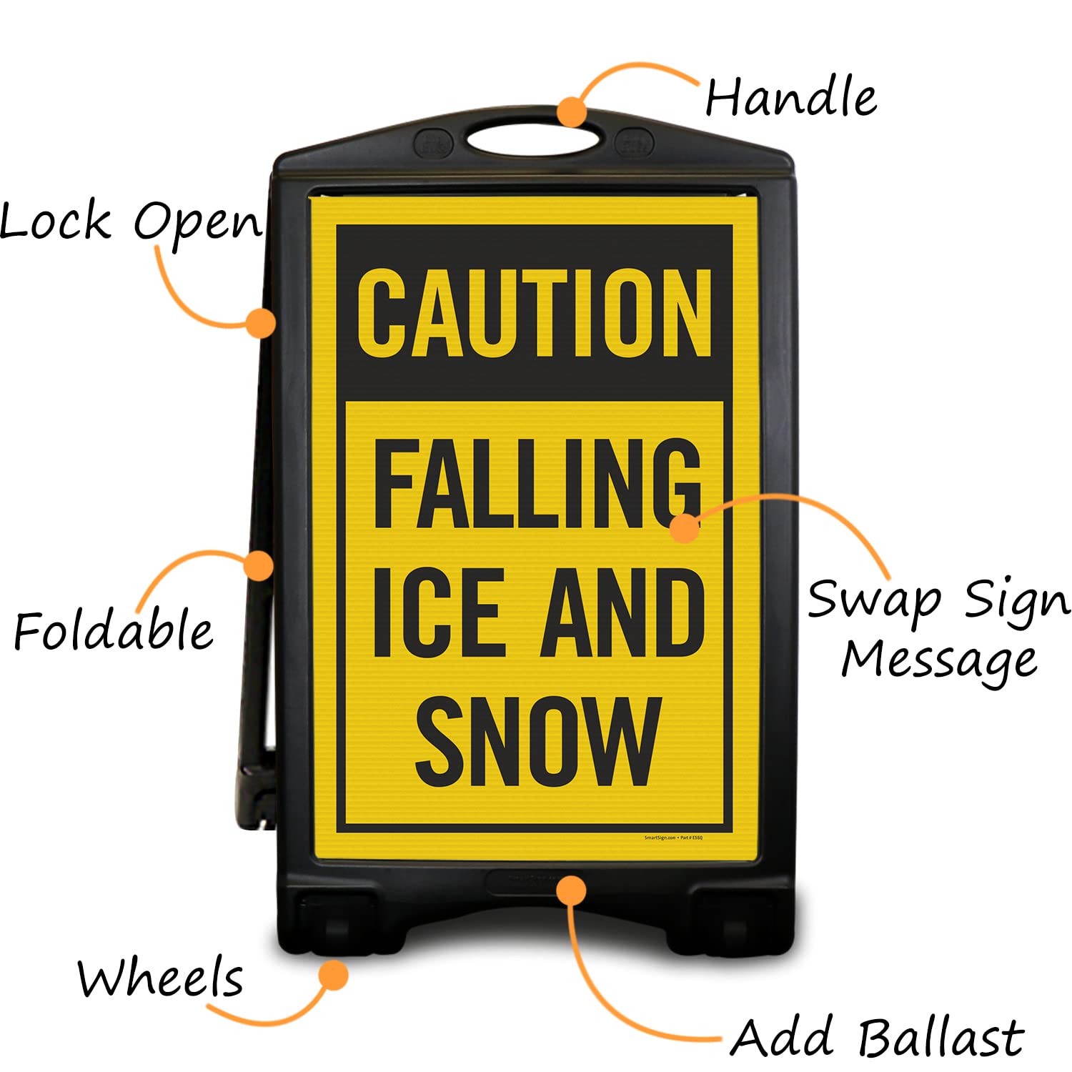 SmartSign "Caution Falling Ice And Snow" A-Frame Sidewalk Sign Kit, 36" x 24", Built-In-Wheels, Double-Sided Portable Plastic Sandwich Board, Set of 1 Foldable Black A-Frame + 2 Sign Panels, USA-Made