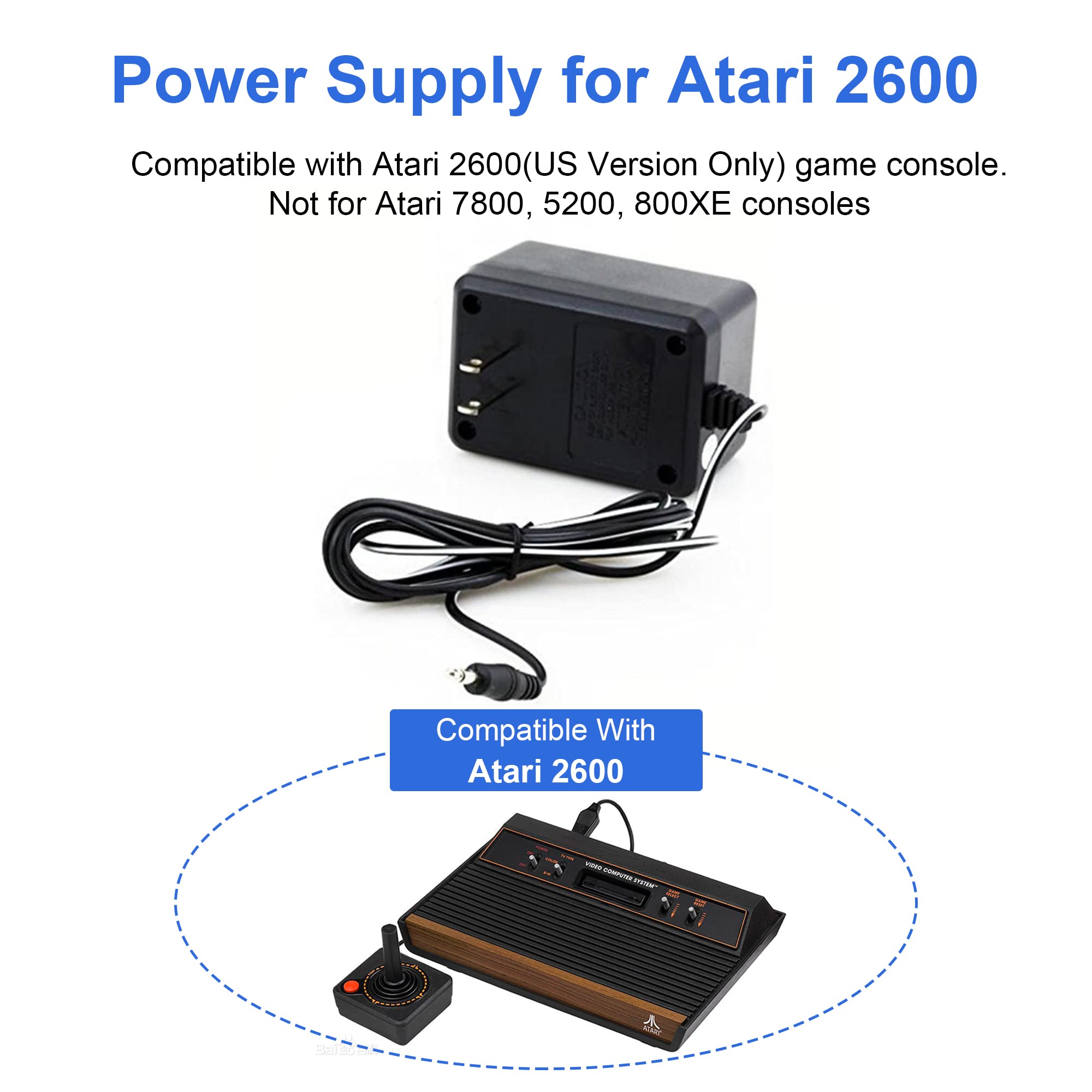 Power Supply for Atari 2600, AC Power Cord Adapter Compatible with Atari 2600 System Console 9V/850mA US Plug