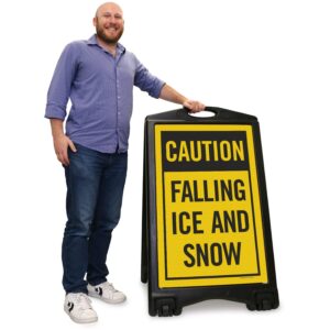 SmartSign "Caution Falling Ice And Snow" A-Frame Sidewalk Sign Kit, 36" x 24", Built-In-Wheels, Double-Sided Portable Plastic Sandwich Board, Set of 1 Foldable Black A-Frame + 2 Sign Panels, USA-Made