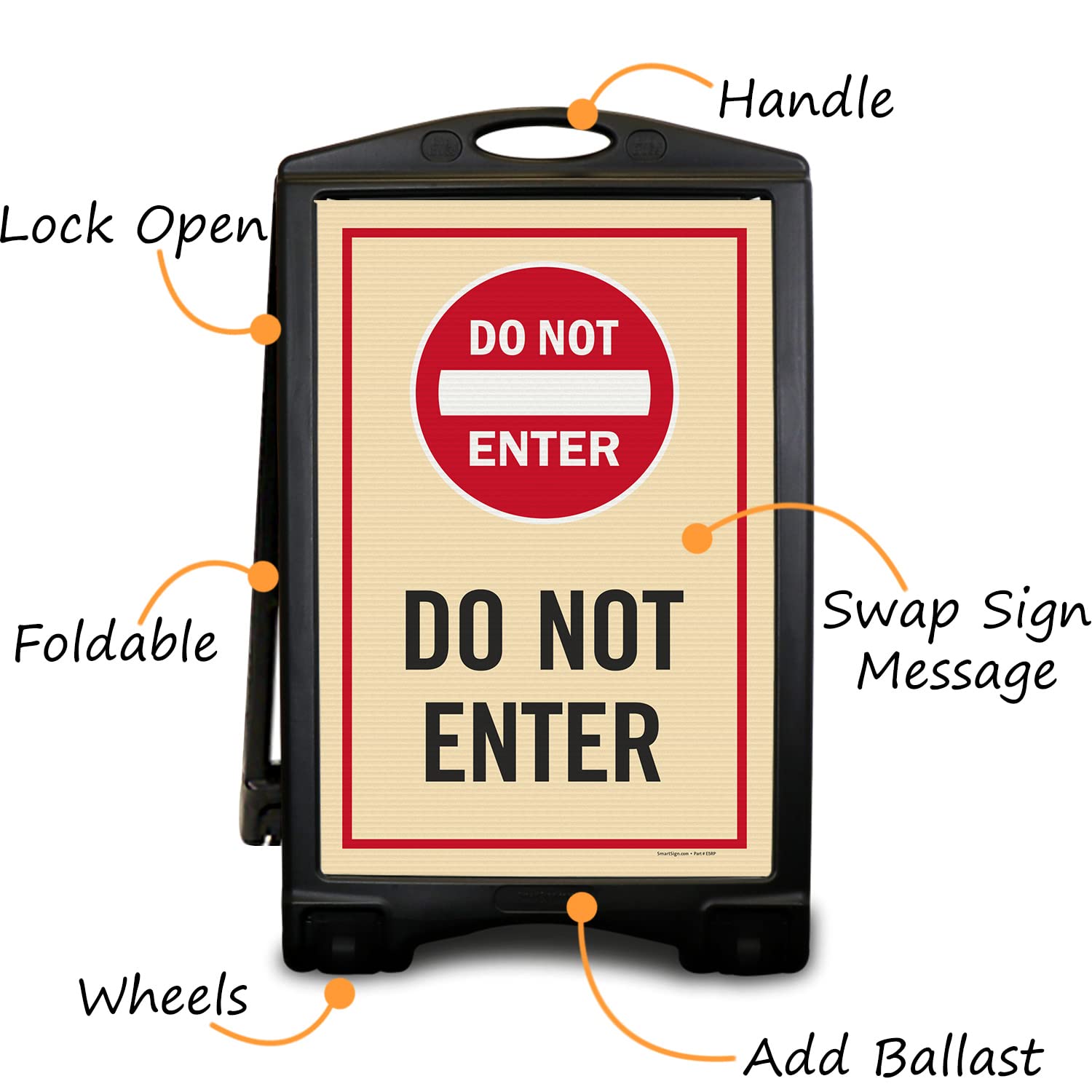 SmartSign "Do Not Enter" A-Frame Sidewalk Sign Kit (with Symbol), 36" x 24", Built-In-Wheels, Double-Sided Portable Plastic Sandwich Board, Set of 1 Foldable Black A-Frame + 2 Sign Panels, USA-Made