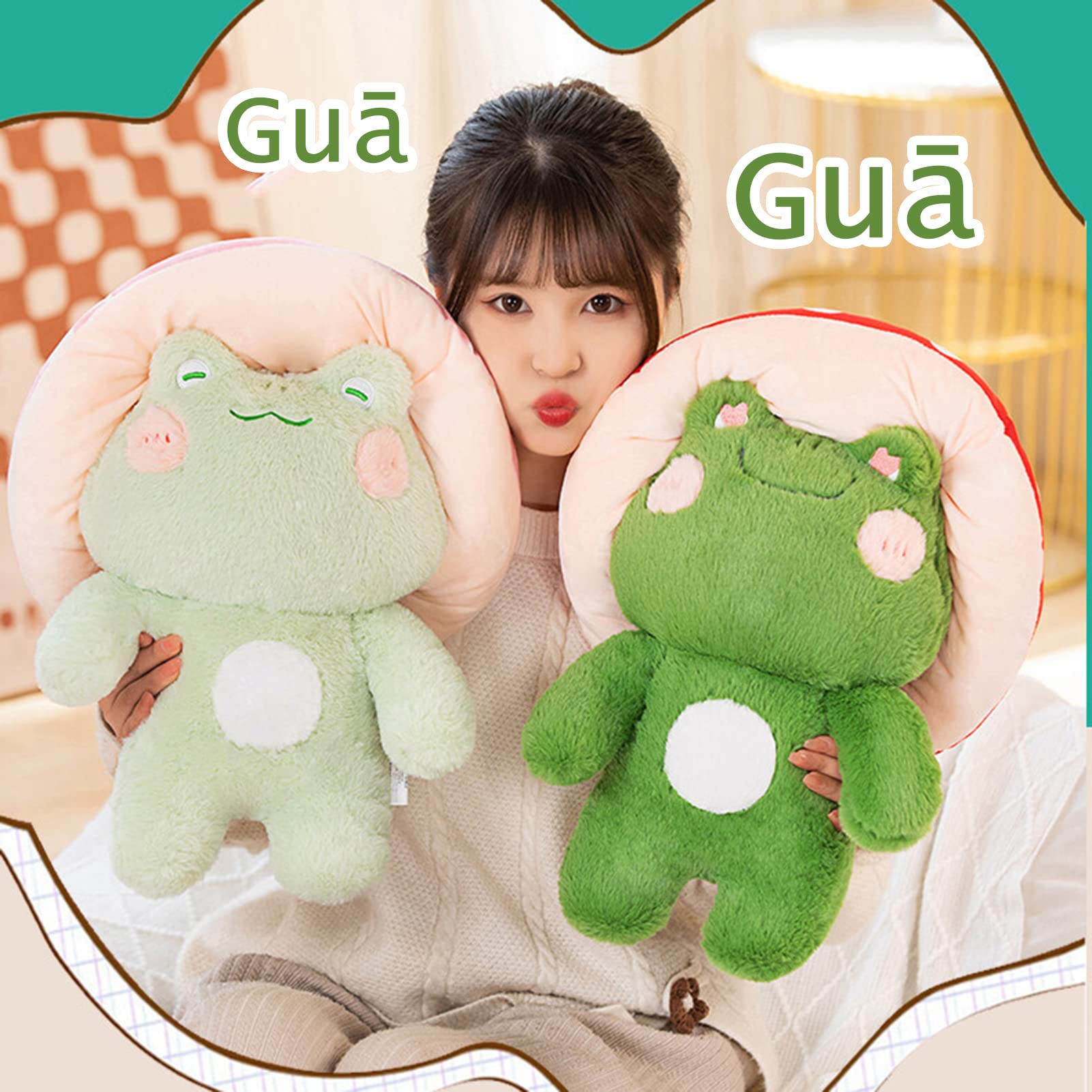 Frog Plush Toys, 17" Cute Frog with Red Mushroom Hat Stuffed Animals, Kawaii Plushies Gift for Kids Girls Adults Valentines Birthdays Gift（Light Green Pink hat, 17inch）