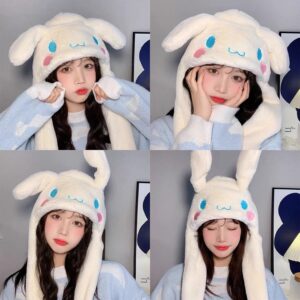 Roffatide Anime Cinnamoroll Dog Ear Moving Jumping Hat Fluffy Beanie Cap Soft Warm Winter Head Wear Cute Hats for Women Beige