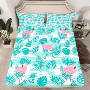 Manfei Flamingo Kids Sheet Queen Size,Palm Leaves Tropical Plants Bedding Set,Girls Boys Adults Bedroom Decor,Cartoon Animals Stripes Pink Romantic Bed Sheet Set 4pcs(Fitted + Flat + 2 Pillowcases)