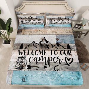 Happy Camping Kids Fitted Sheet Queen Size,Rustic Camper Adventure Bedding Set,Girls Boys Adults Bedroom Decor,RV Trailer Traveling Bed Cover,Blue Brown Farmhouse Bed Sheet,2 Pillowcases