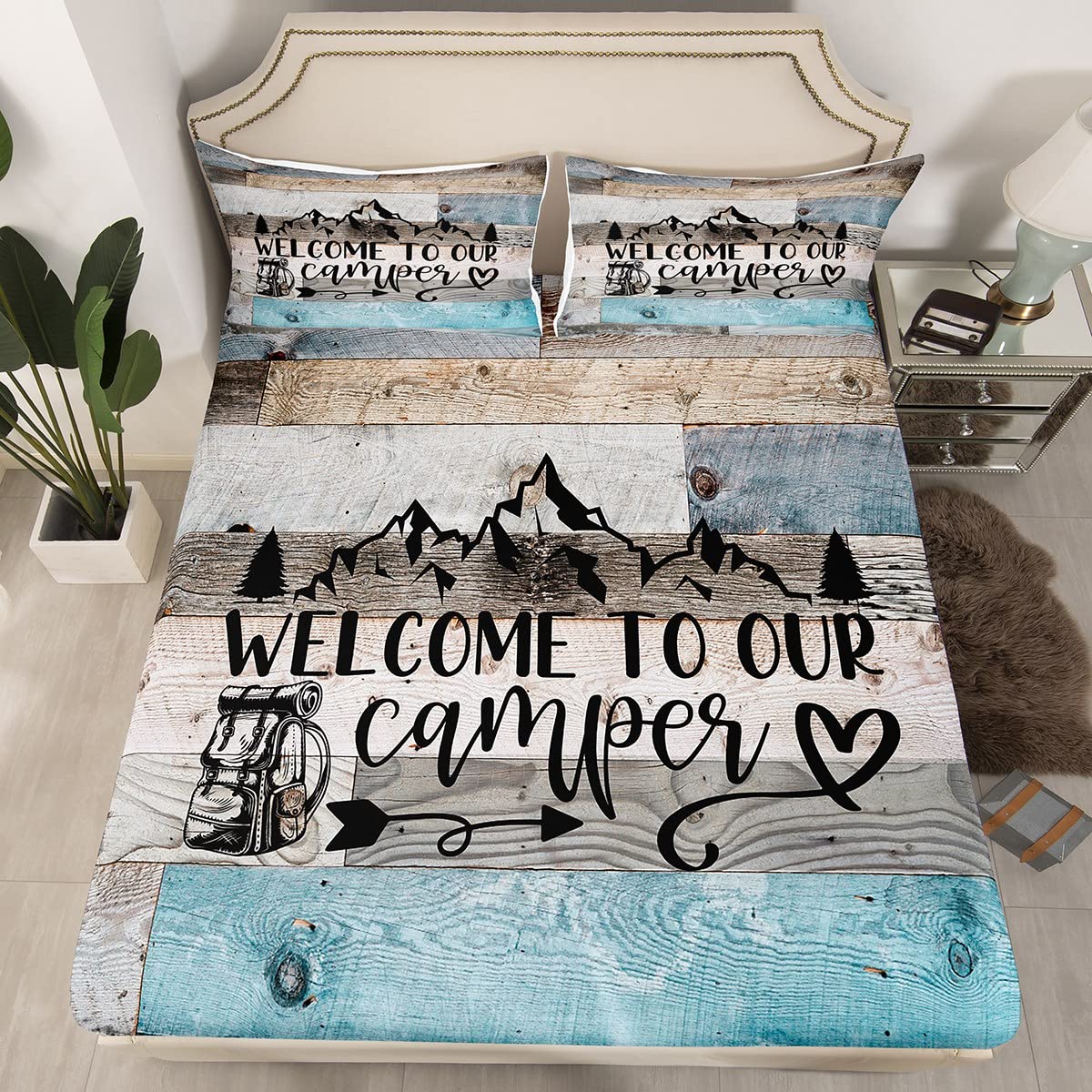 Happy Camping Kids Fitted Sheet Queen Size,Rustic Camper Adventure Bedding Set,Girls Boys Adults Bedroom Decor,RV Trailer Traveling Bed Cover,Blue Brown Farmhouse Bed Sheet,2 Pillowcases