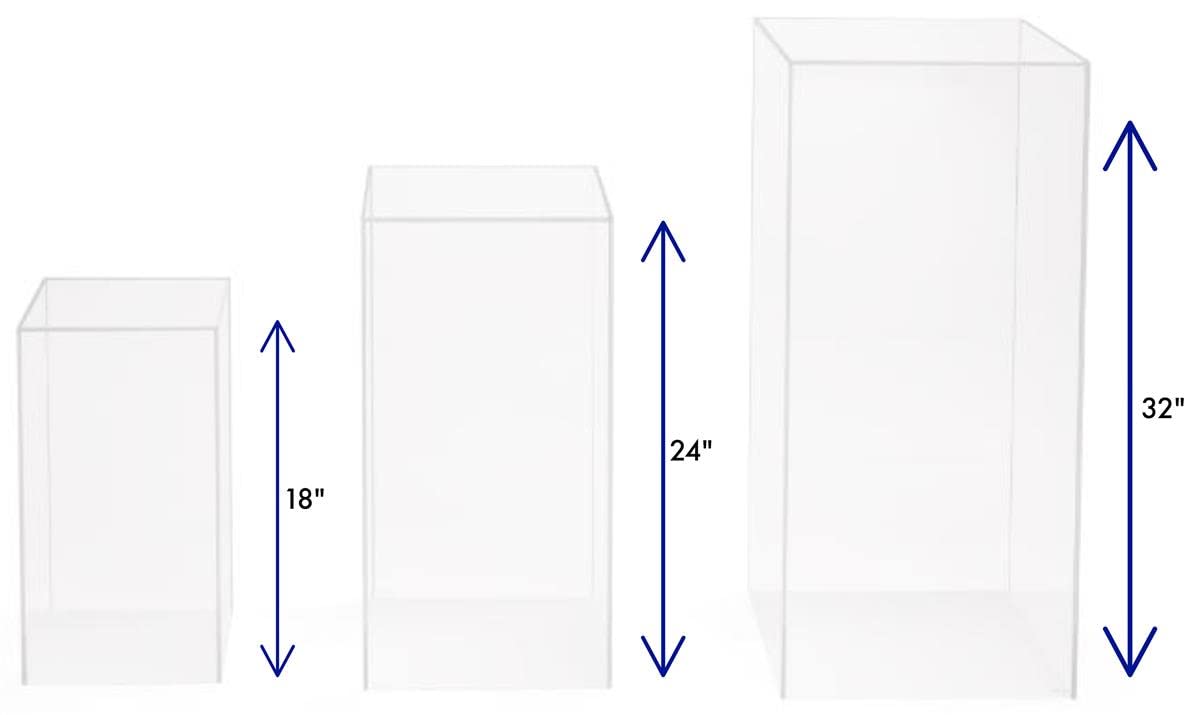 Displays2go Set of 3 Pedestals for Floor, Square Tops, 3 Sizes, Fillable, Acrylic - Clear (SMCLRPED3)