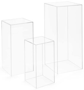 displays2go set of 3 pedestals for floor, square tops, 3 sizes, fillable, acrylic - clear (smclrped3)