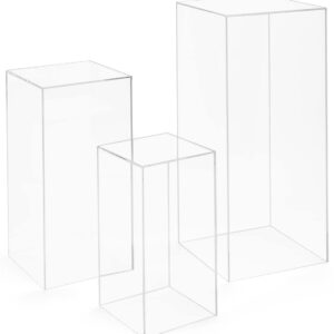 Displays2go Set of 3 Pedestals for Floor, Square Tops, 3 Sizes, Fillable, Acrylic - Clear (SMCLRPED3)