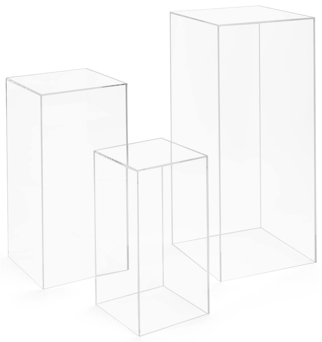 Displays2go Set of 3 Pedestals for Floor, Square Tops, 3 Sizes, Fillable, Acrylic - Clear (SMCLRPED3)