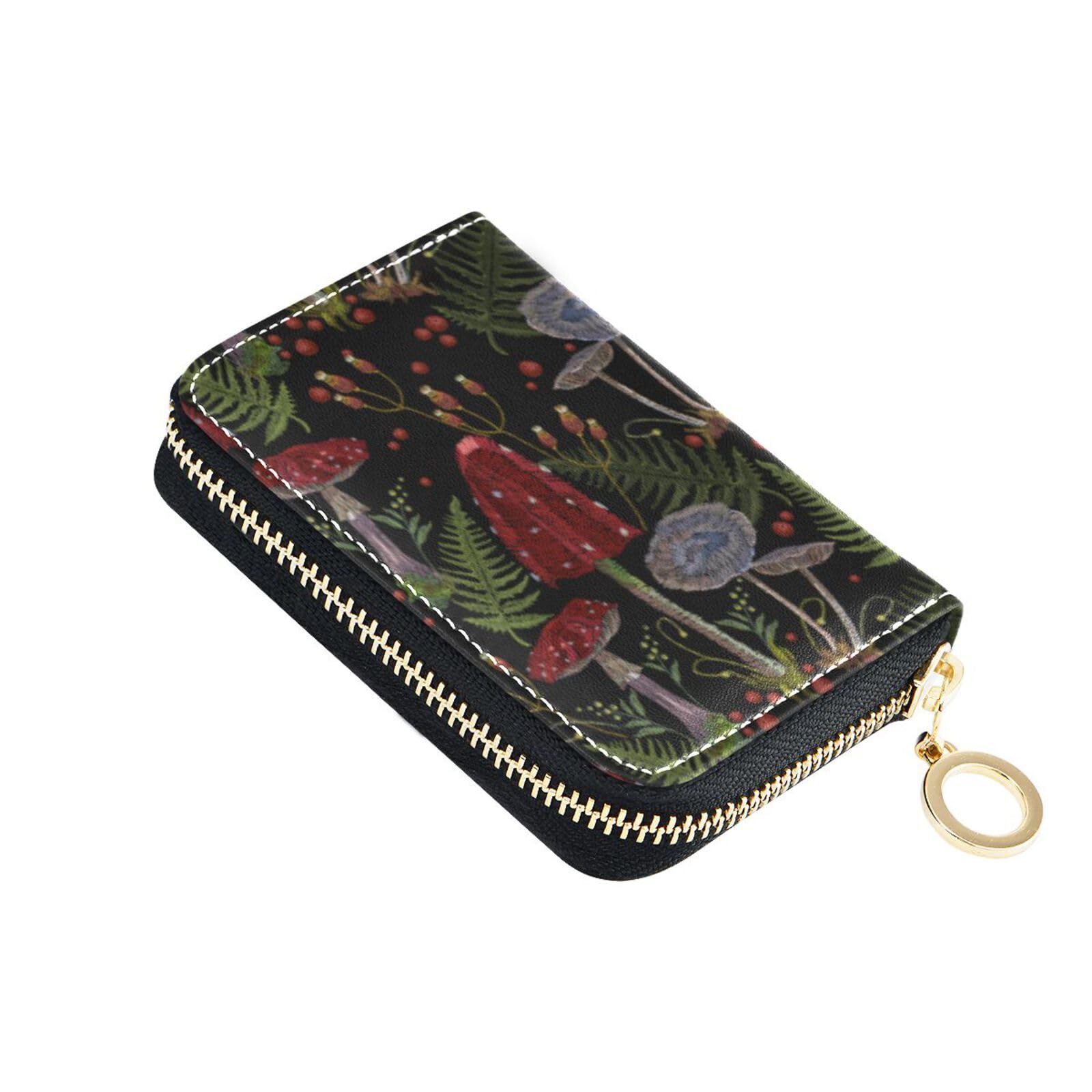 Sletend Mushrooms Gothic Style RFID Credit Card Holder Leather With Zipper Card Case Wallet for Women Girls