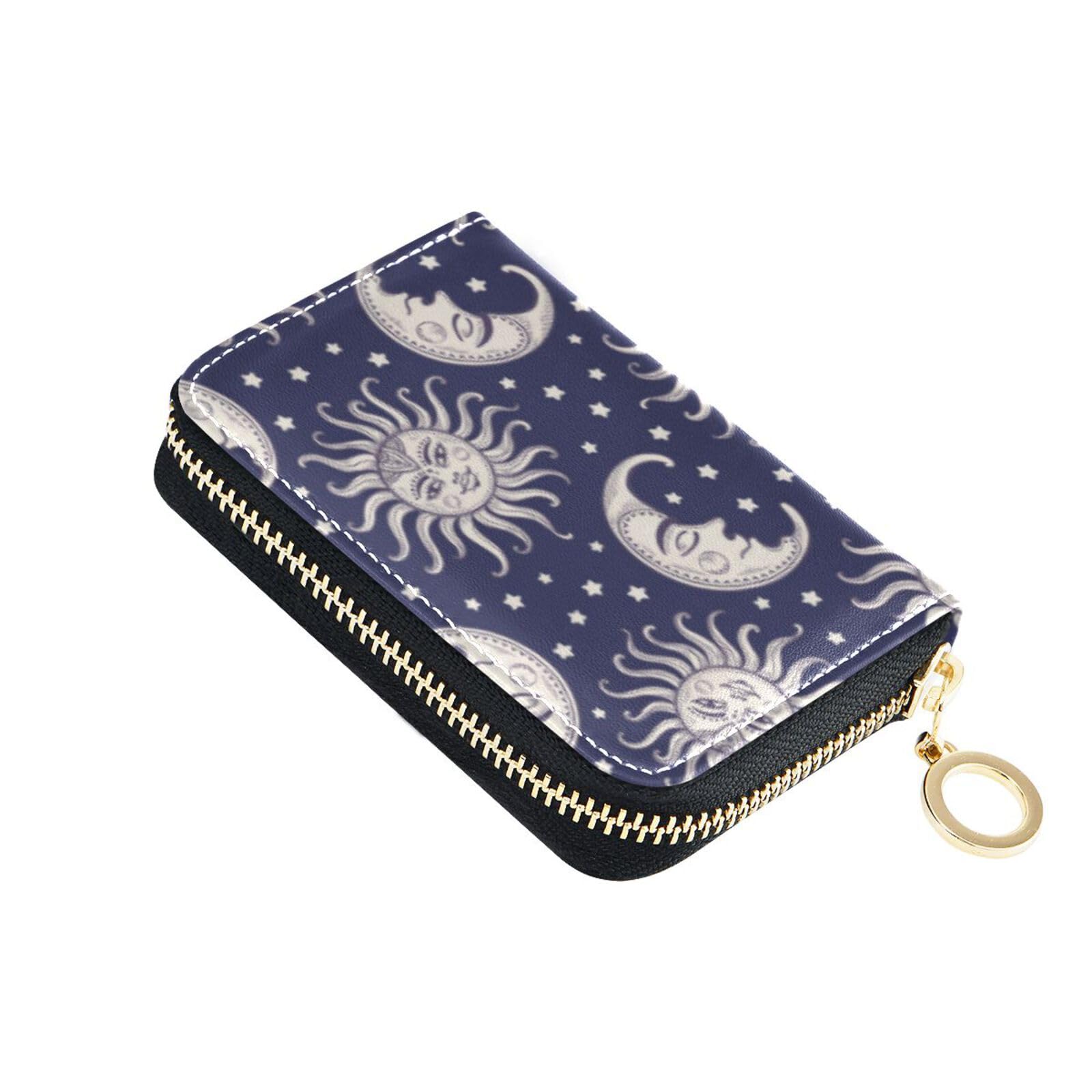 Sletend RFID Credit Card Holder Vintage Sun Moon Leather With Zipper Card Case Wallet for Women Girls