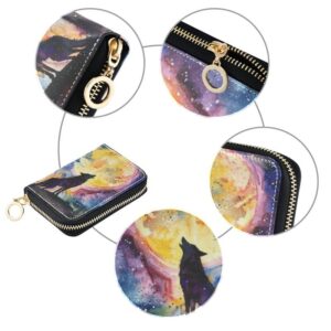 Sletend Howling Wolf Starry Sky RFID Credit Card Holder Leather With Zipper Card Case Wallet for Women Girls