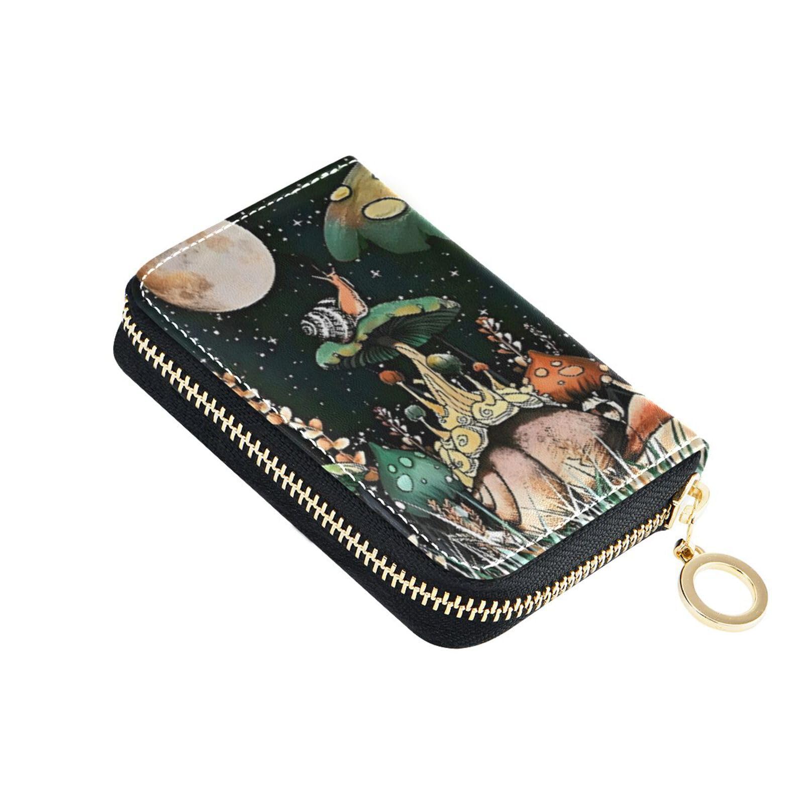 Sletend Vintage Snail Mushroom Starry Night RFID Credit Card Holder Leather With Zipper Card Case Wallet for Women Girls