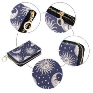 Sletend RFID Credit Card Holder Vintage Sun Moon Leather With Zipper Card Case Wallet for Women Girls