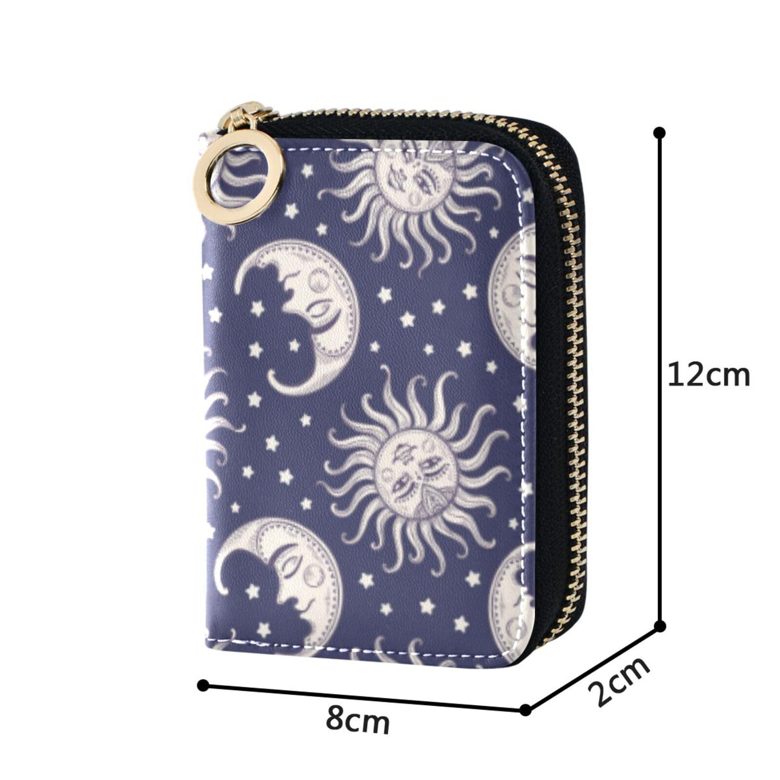 Sletend RFID Credit Card Holder Vintage Sun Moon Leather With Zipper Card Case Wallet for Women Girls