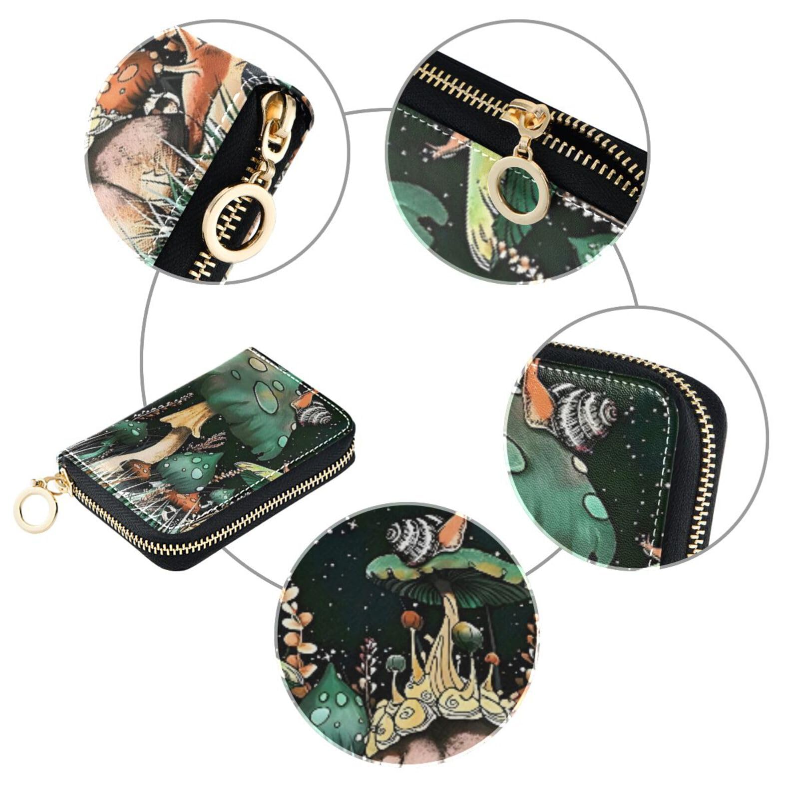 Sletend Vintage Snail Mushroom Starry Night RFID Credit Card Holder Leather With Zipper Card Case Wallet for Women Girls