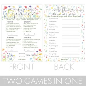 Little Wildflower Girl Baby Shower Party Games - What's On Your Phone and Word Scramble (2 Game Bundle) - 20 Dual Sided Cards - Baby in Bloom Party Supplies