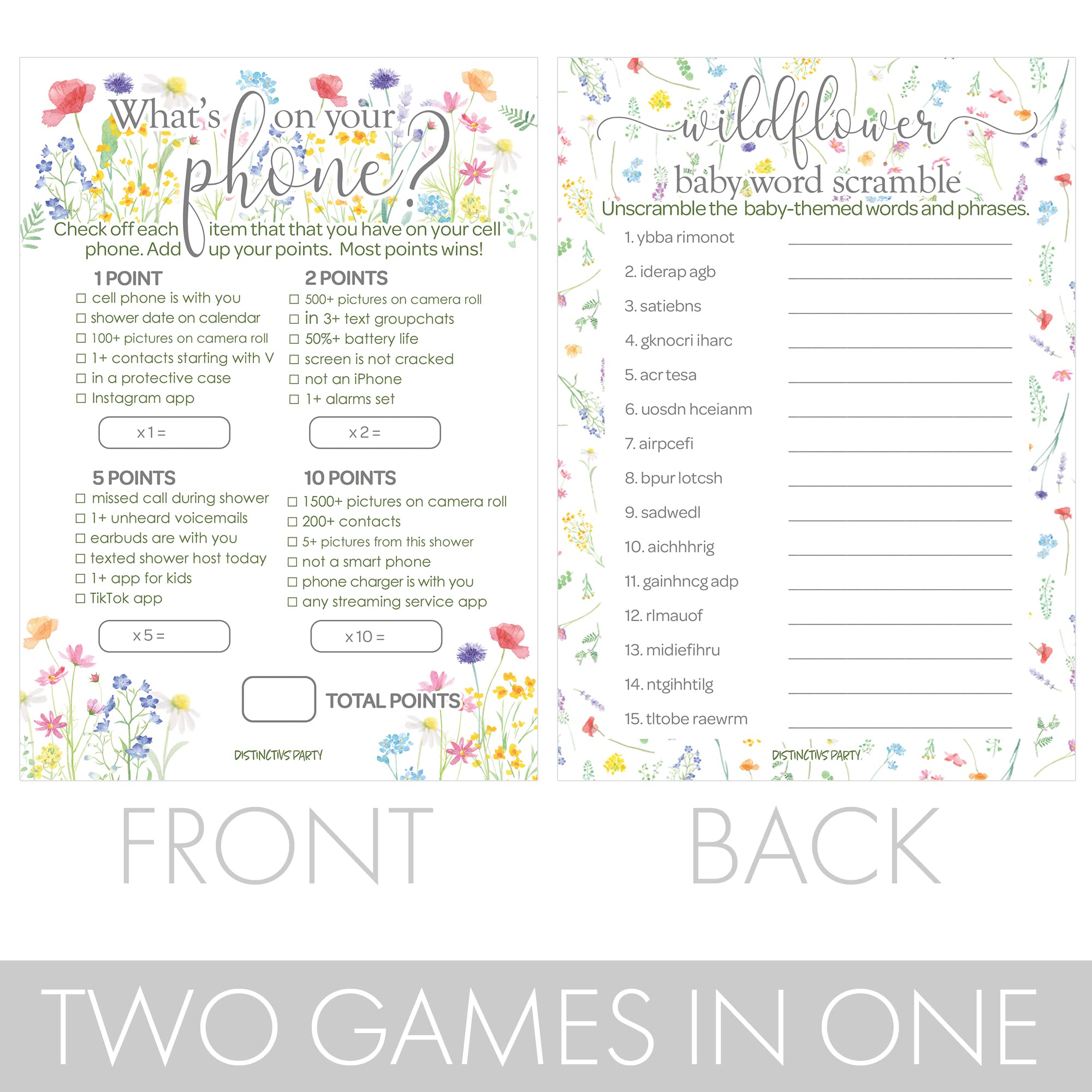 Little Wildflower Girl Baby Shower Party Games - What's On Your Phone and Word Scramble (2 Game Bundle) - 20 Dual Sided Cards - Baby in Bloom Party Supplies