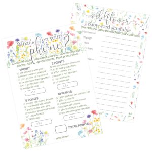 little wildflower girl baby shower party games - what's on your phone and word scramble (2 game bundle) - 20 dual sided cards - baby in bloom party supplies