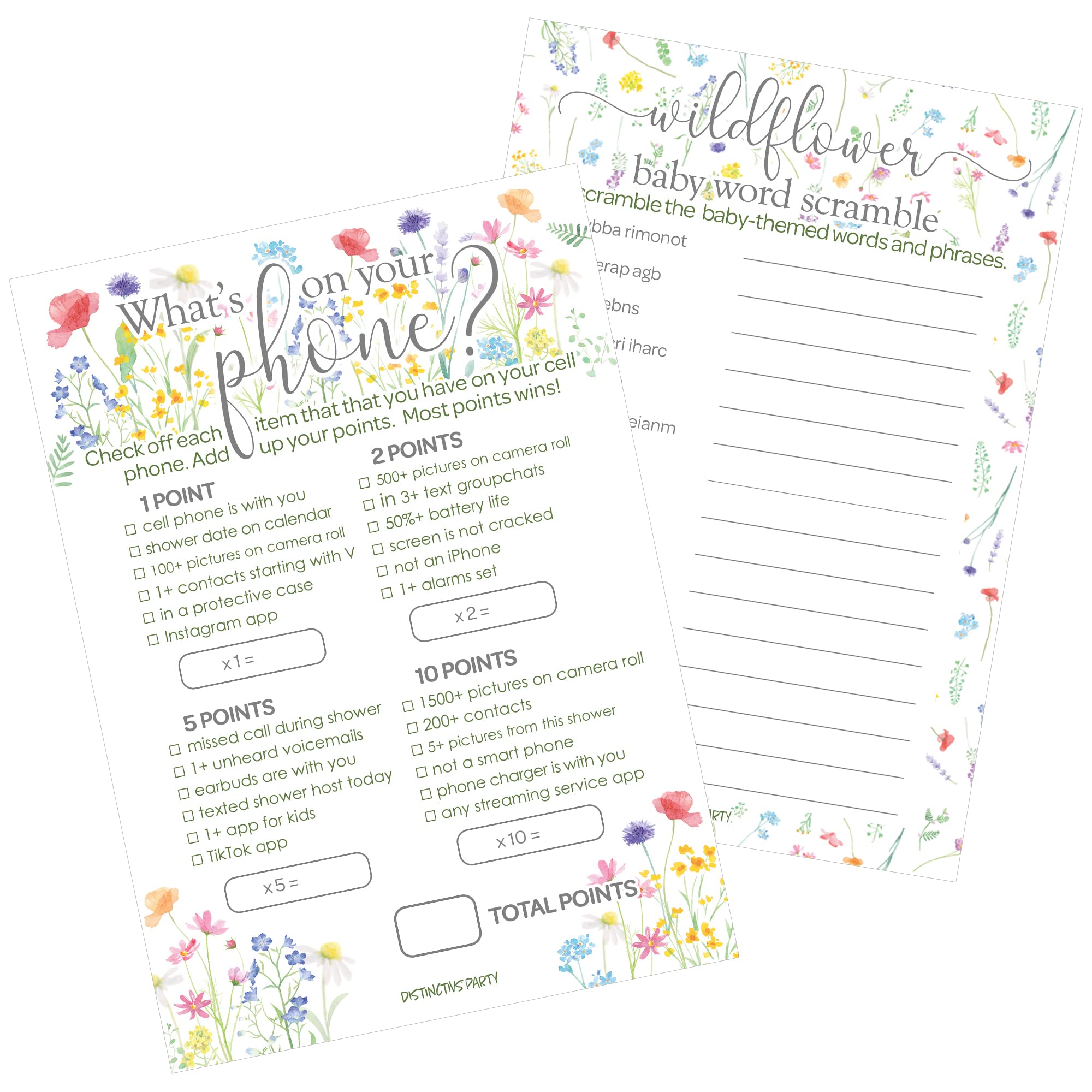 Little Wildflower Girl Baby Shower Party Games - What's On Your Phone and Word Scramble (2 Game Bundle) - 20 Dual Sided Cards - Baby in Bloom Party Supplies