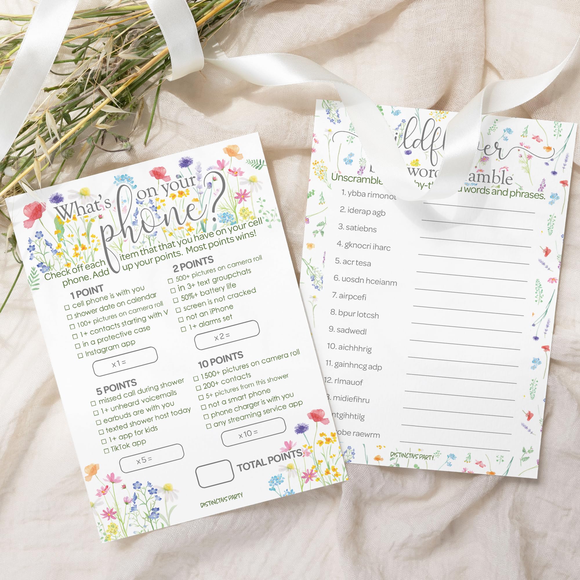 Little Wildflower Girl Baby Shower Party Games - What's On Your Phone and Word Scramble (2 Game Bundle) - 20 Dual Sided Cards - Baby in Bloom Party Supplies