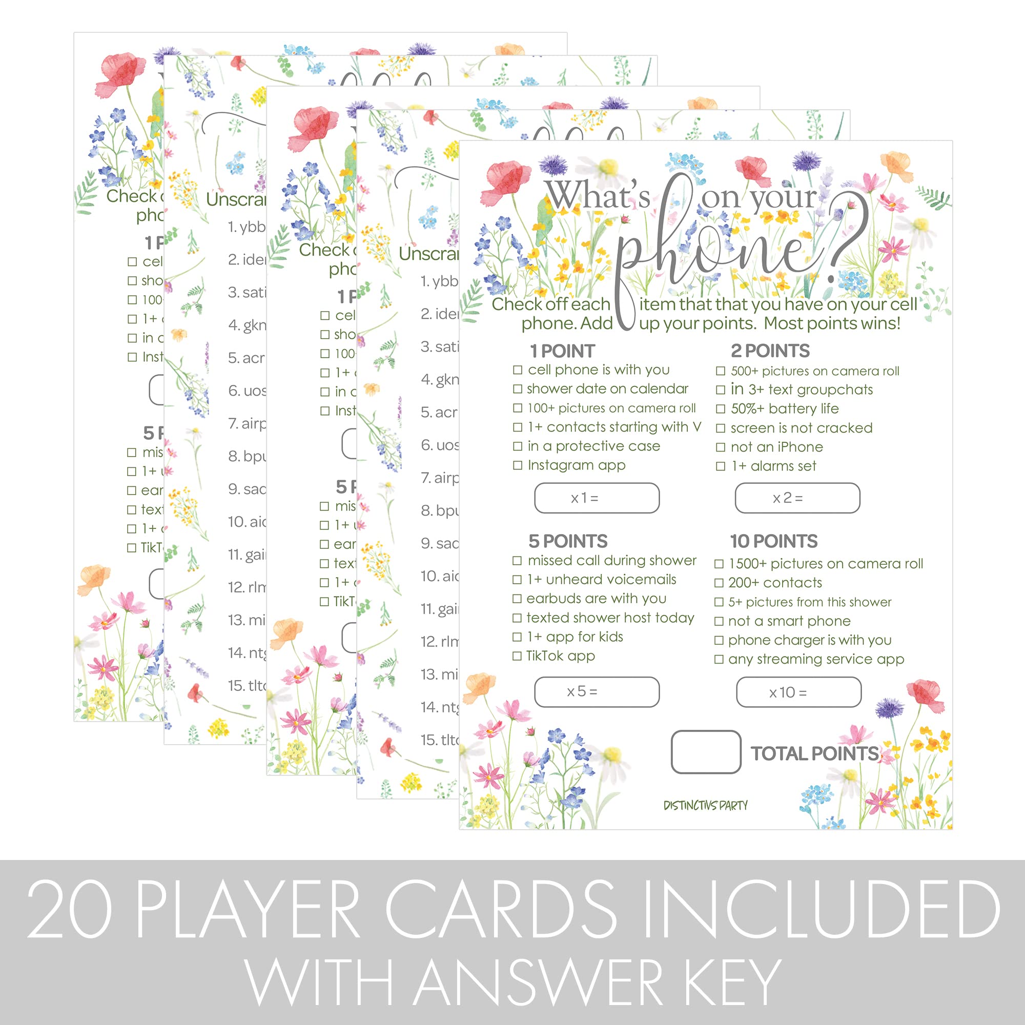 Little Wildflower Girl Baby Shower Party Games - What's On Your Phone and Word Scramble (2 Game Bundle) - 20 Dual Sided Cards - Baby in Bloom Party Supplies