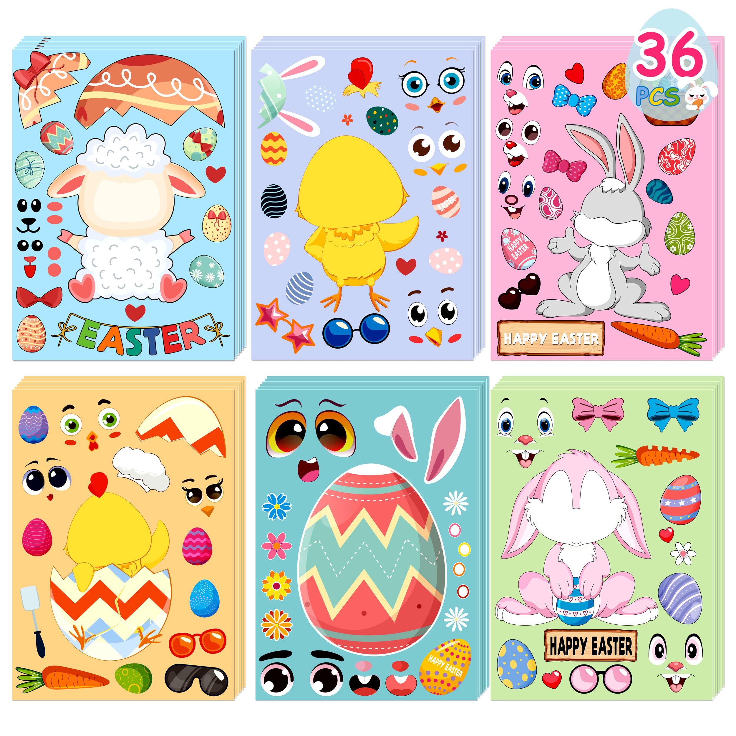 LINAYE 36 Sheets Easter Crafts Stickers for Kids Toddlers - Make Your Own Easter Stickers, Easter Basket Stuffers for Kids Toddlers Easter Treats Gifts for Kids Easter Activities Party Favor Supplies