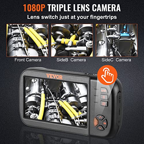 VEVOR Borescope Triple Lens Endoscope Camera with Light, 4.5" Screen 1080P Inspection Camera with 10 LED Light, IP67 Waterproof Drain Snake Camera for Auto, Plumbing(16.5FT Cable, 32GB Card)