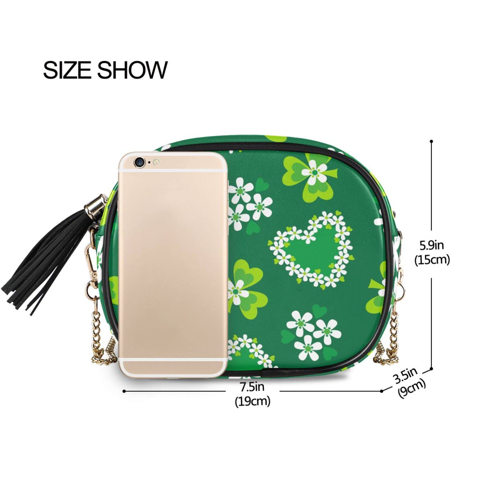 Crossbody Bag for Women St Patrick's Day Shamrock Flower Shoulder Bag with Chain Strap and Tassel