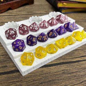 MunnyGrubbers - Dice Display Rack Shelf - Dice Jail - Dice Holder - (3 x Random 7PCS D20 Dice Set Included) - Display Up to 3 Sets of Dice and Vials - Dungeons and Dragons - DND - D&D - (Silver)