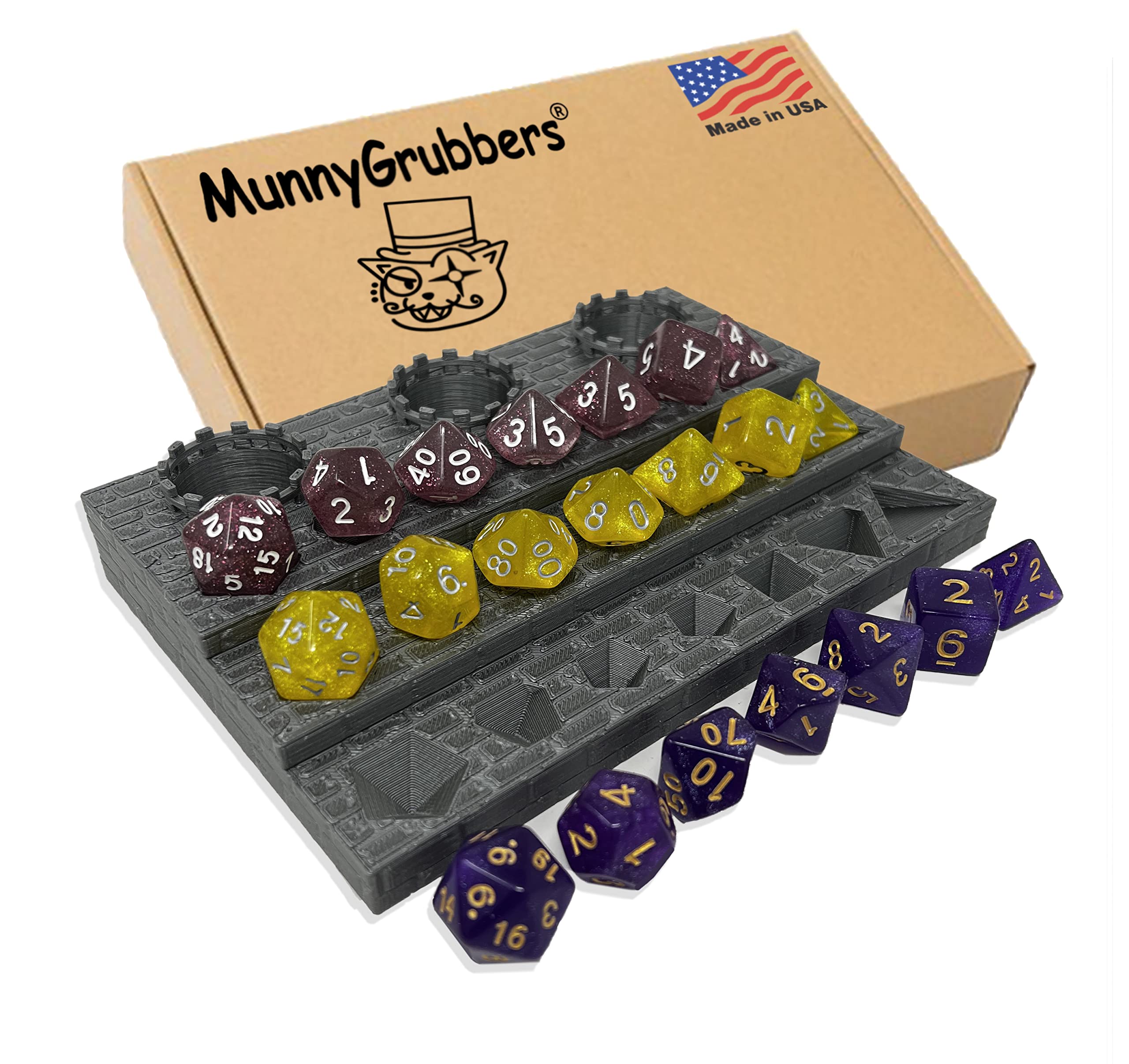 MunnyGrubbers - Dice Display Rack Shelf - Dice Jail - Dice Holder - (3 x Random 7PCS D20 Dice Set Included) - Display Up to 3 Sets of Dice and Vials - Dungeons and Dragons - DND - D&D - (Silver)