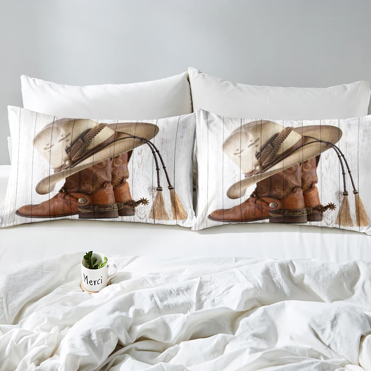 70s Cowboy Boots Bed Sheet Lodge Cabin Abstarct Cowboy Hat Decor Sheets Set for Teens Adults Wooden Stripes Western Cowboy Style Bedding Set with Flat,Fitted Sheet,2 Pillowcases Queen Size 4 Pcs