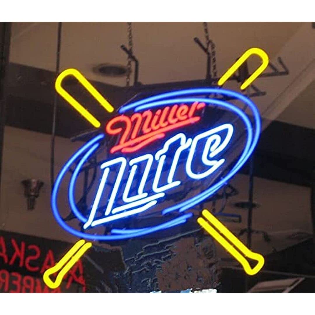 Prouten 17inx17in Millers Lite Baseball Bats Neon Sign Light Man Cave Bar Pub Beer Gift Neon Lamp