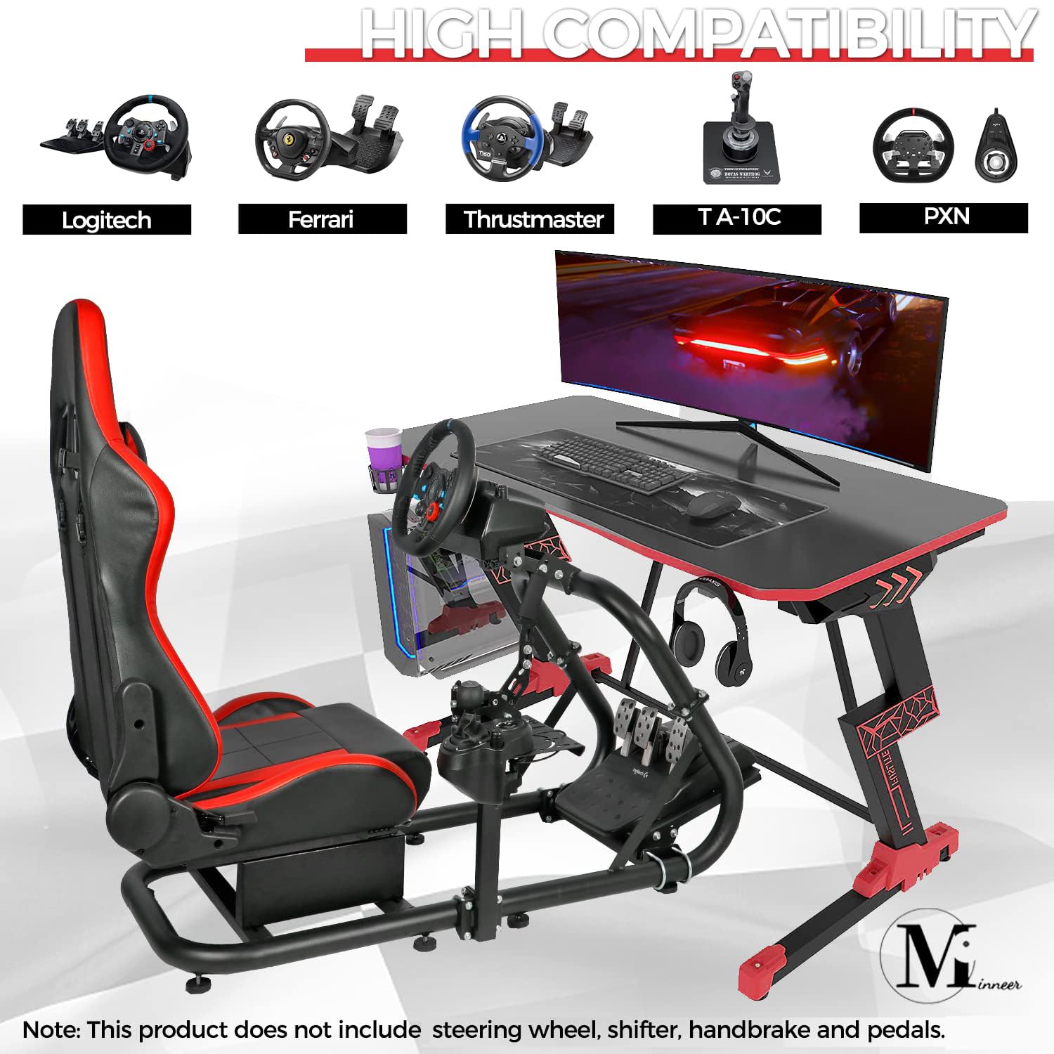 Minneer Flying Racing Simulator Cockpit with Red Seat Fit Immersive Drive for Logitech/Thrustmaster/Fanatec G29/G920/G923/T248/T300, Racing Steering Wheel Stand(Wheel Pedal Handbrake Not Included)