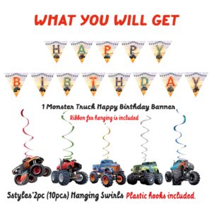 Monster Truck Birthday Party Supplies Pack Monster Truck Party Decorations including Triangle Monster Truck Happy Birthday Banner, 10pcs Monster Truck Hanging Swirls for Kid‘s Birthday