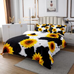 Sunflower Bedspread Twin Size Black White Cowhide Print Bedding Set 2pcs Kids Boys Girls Bedroom Decor Rustic Farmhouse Cow Fur Comforter Set Animals Botanicals Quilt Set,1 Pillowcase