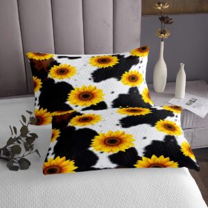 Sunflower Bedspread Twin Size Black White Cowhide Print Bedding Set 2pcs Kids Boys Girls Bedroom Decor Rustic Farmhouse Cow Fur Comforter Set Animals Botanicals Quilt Set,1 Pillowcase