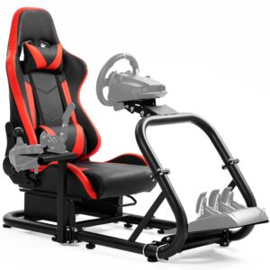 minneer flying racing simulator cockpit with red seat fit immersive drive for logitech/thrustmaster/fanatec g29/g920/g923/t248/t300, racing steering wheel stand(wheel pedal handbrake not included)