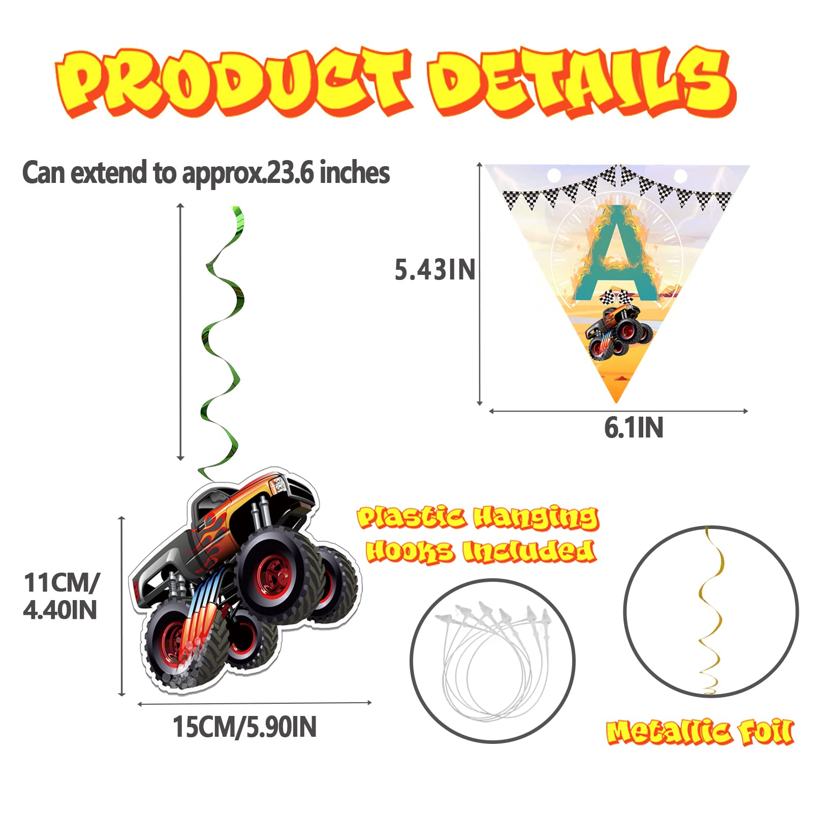 Monster Truck Birthday Party Supplies Pack Monster Truck Party Decorations including Triangle Monster Truck Happy Birthday Banner, 10pcs Monster Truck Hanging Swirls for Kid‘s Birthday