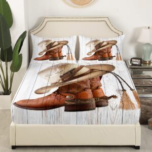 70s Cowboy Boots Bed Sheet Lodge Cabin Abstarct Cowboy Hat Decor Sheets Set for Teens Adults Wooden Stripes Western Cowboy Style Bedding Set with Flat,Fitted Sheet,2 Pillowcases Queen Size 4 Pcs