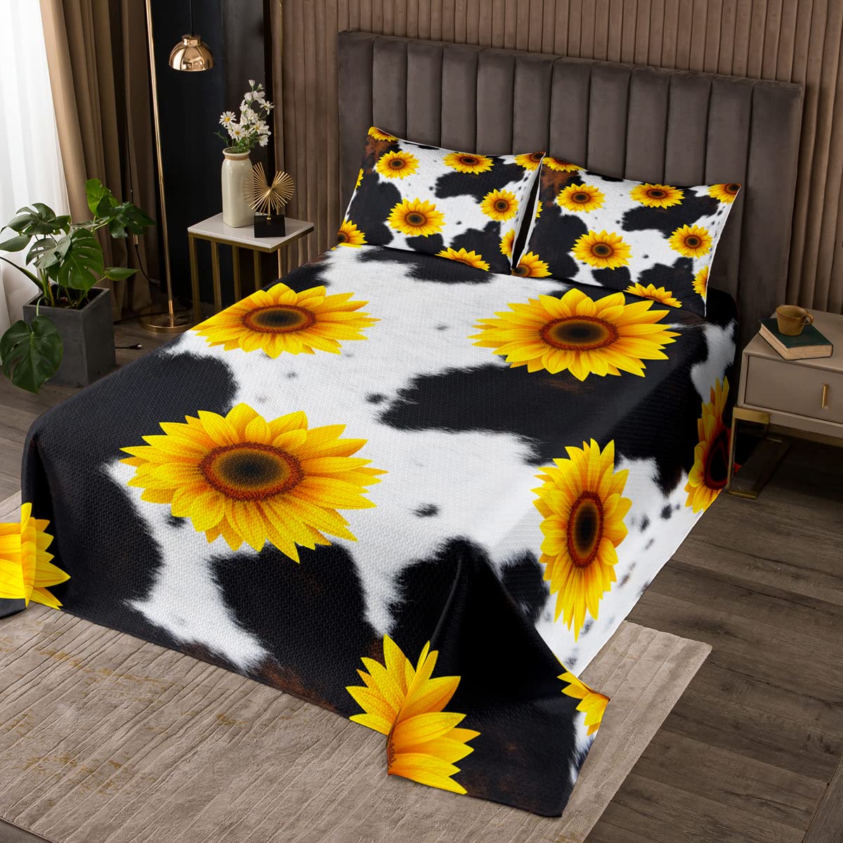 Sunflower Bedspread Twin Size Black White Cowhide Print Bedding Set 2pcs Kids Boys Girls Bedroom Decor Rustic Farmhouse Cow Fur Comforter Set Animals Botanicals Quilt Set,1 Pillowcase