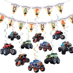 Monster Truck Birthday Party Supplies Pack Monster Truck Party Decorations including Triangle Monster Truck Happy Birthday Banner, 10pcs Monster Truck Hanging Swirls for Kid‘s Birthday