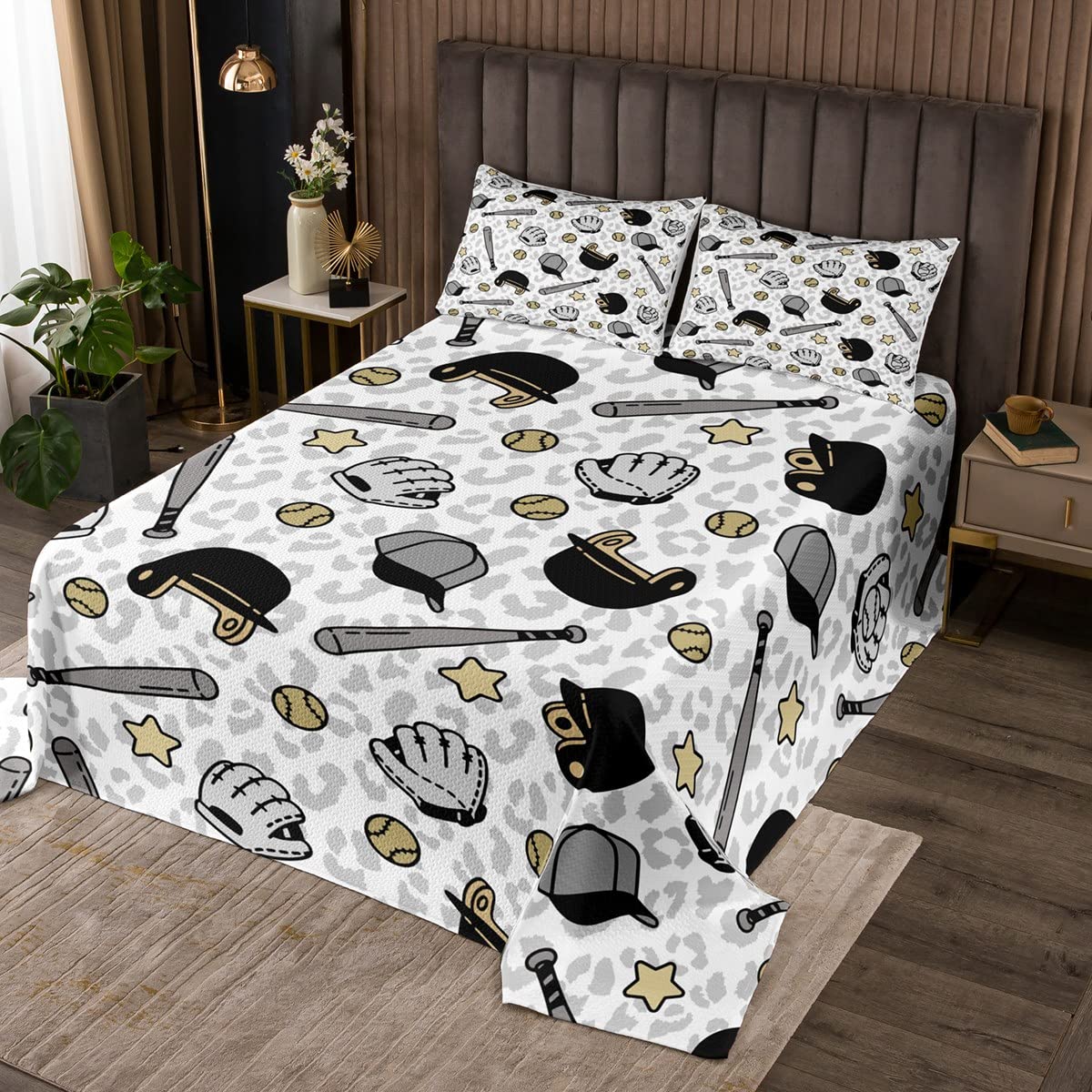 Homewish Leopard Print Bedspread Boys Kids Baseball Bedding Set King Size Cartoon Baseball Hat Bat Comforter Set Men Teens Ball Sports Gaming Quilt Set Modern Black Grey Gold 3pcs,2 Pillowcases