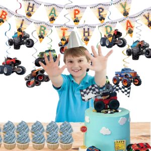 Monster Truck Birthday Party Supplies Pack Monster Truck Party Decorations including Triangle Monster Truck Happy Birthday Banner, 10pcs Monster Truck Hanging Swirls for Kid‘s Birthday